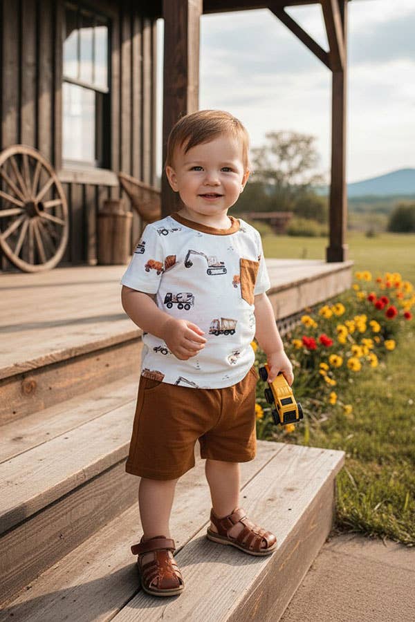 Construction Vehicles Top & Brown Shorts Set