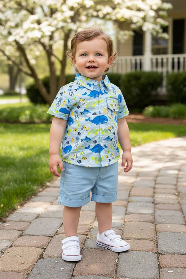 Whale & Fish Shirt & Blue Shorts Set