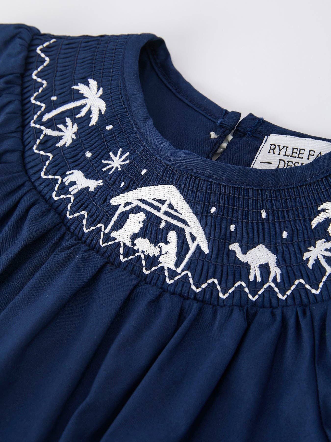 Navy Blue Nativity Smocked Embroidered Baby Girls Christmas Romper