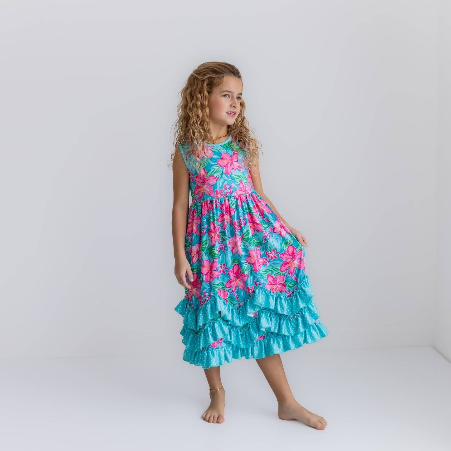 Kids Pink Blue Tropical 3 Ruffle Spring Summer Easter Dress