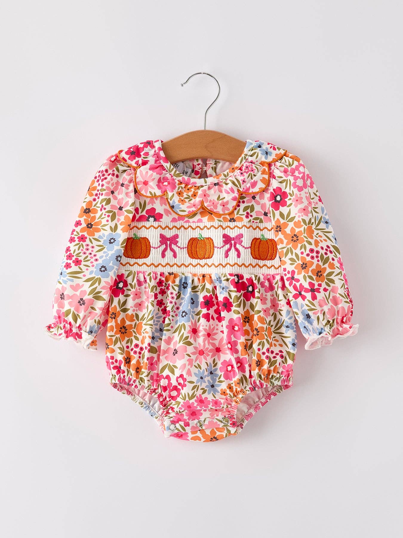 Pumpkin Bow Smocked Embroidered Floral Baby Girl Romper