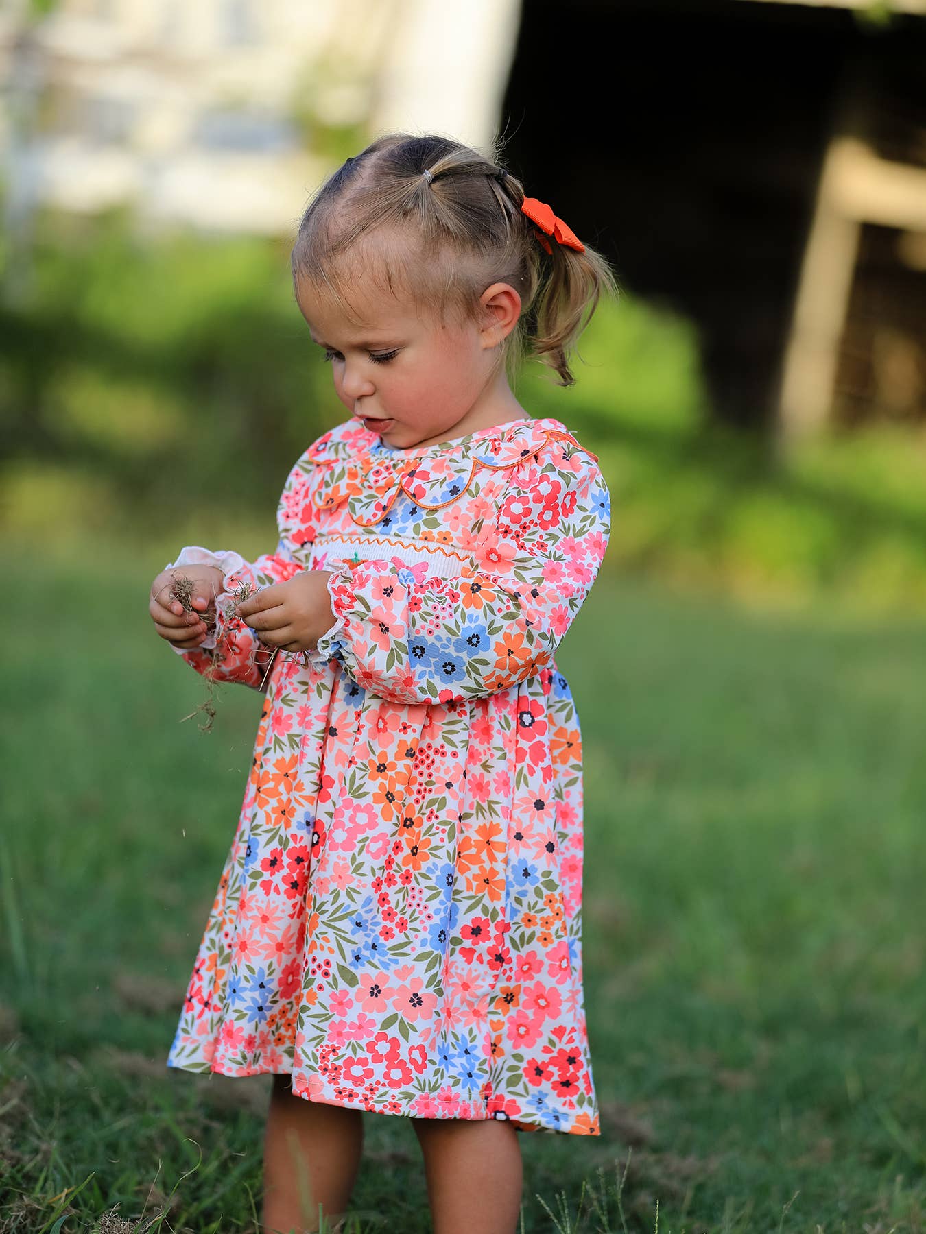 Pumpkin Bow Smocked Embroidered Floral Dress