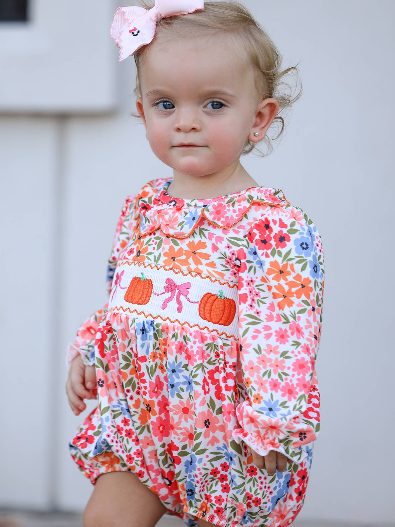 Pumpkin Bow Smocked Embroidered Floral Baby Girl Romper