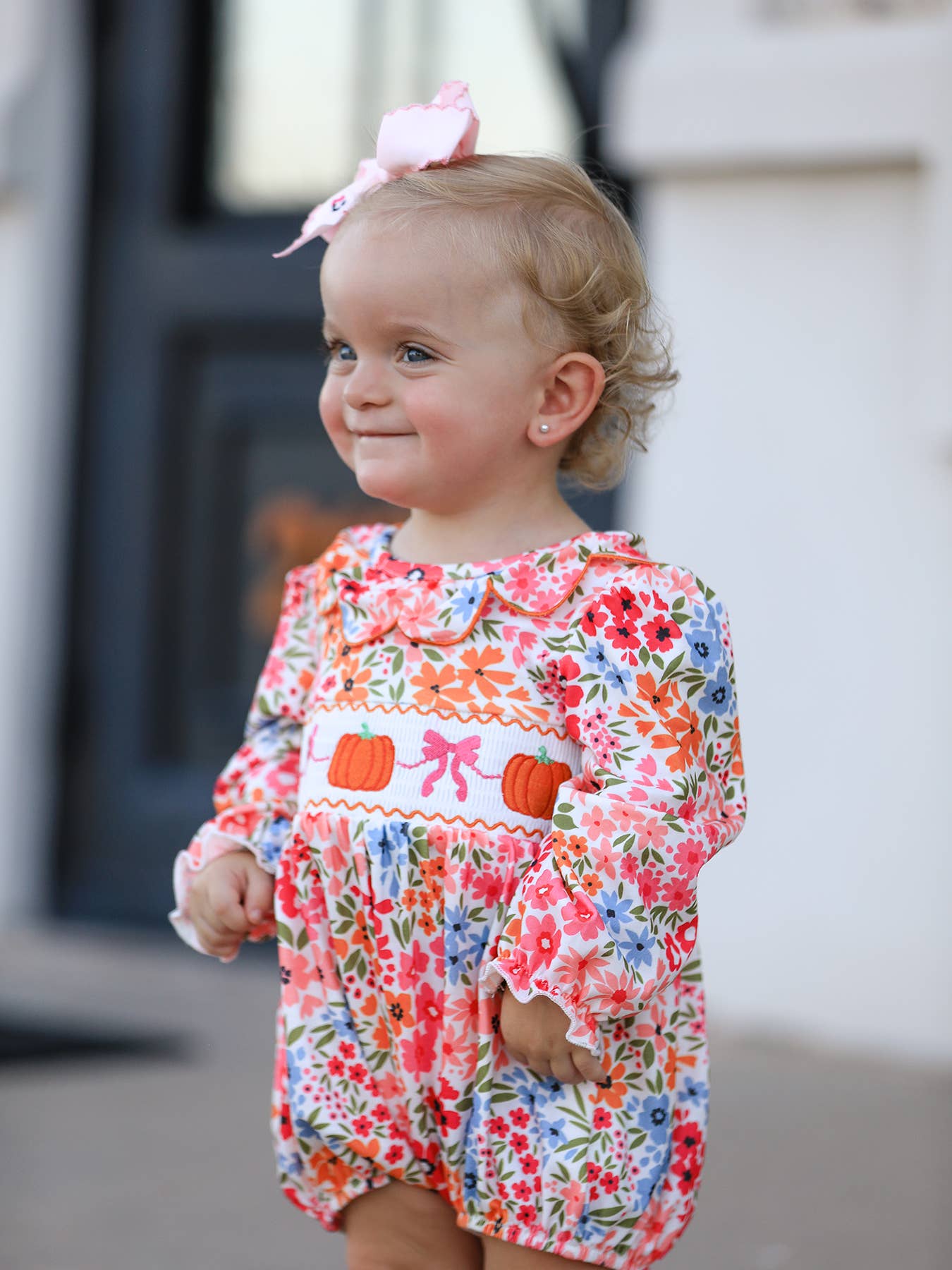 Pumpkin Bow Smocked Embroidered Floral Baby Girl Romper