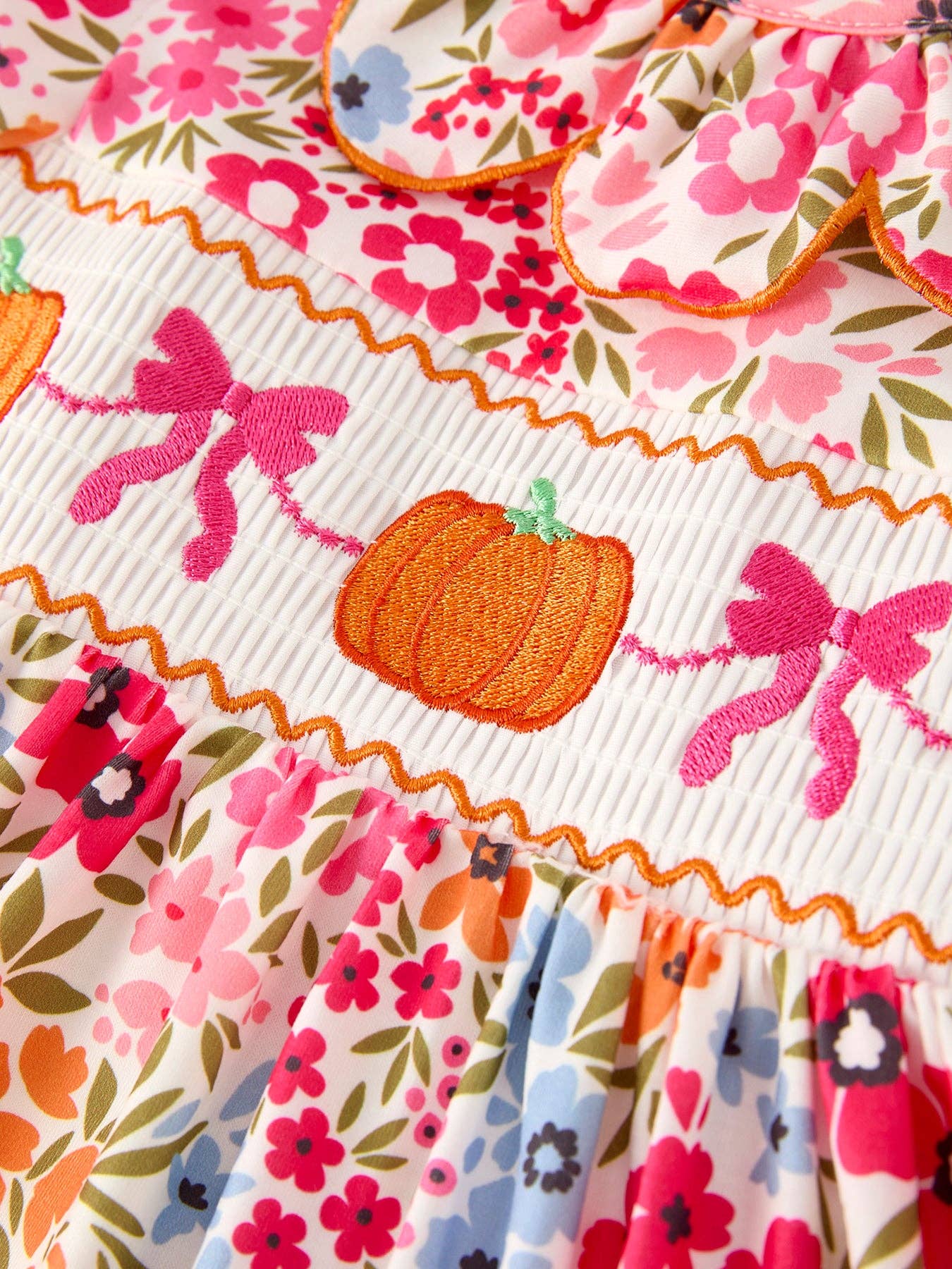 Pumpkin Bow Smocked Embroidered Floral Dress