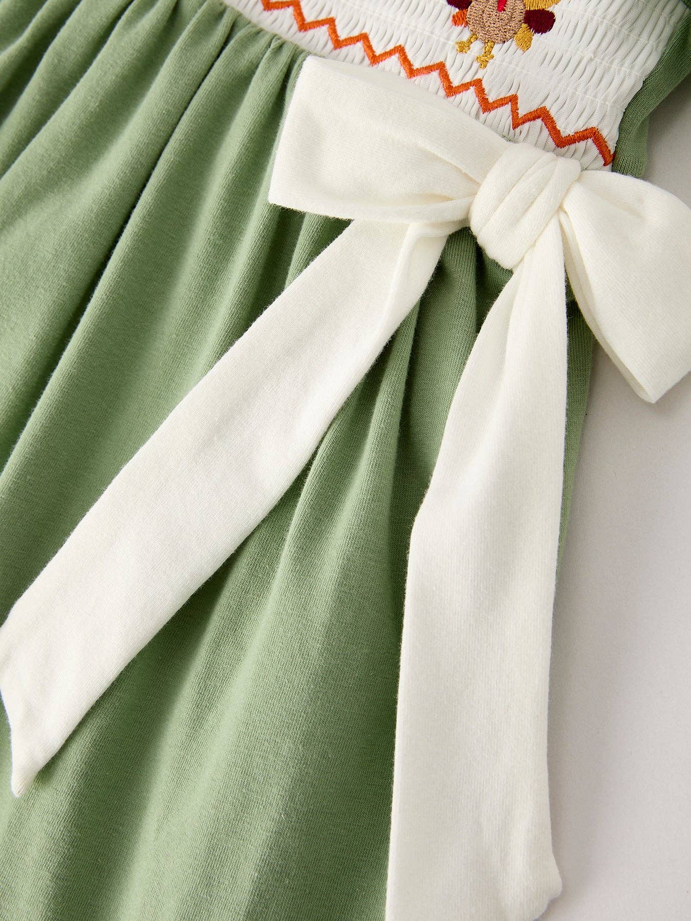 Fall Thanksgiving Smocked Embroidered Green Dress