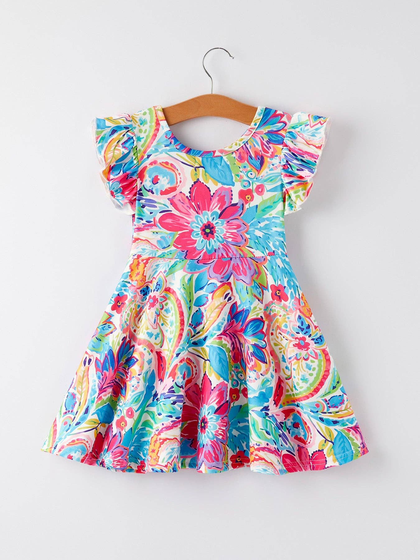 Colorful Floral Print Ruffled Sleeves Girls Dress