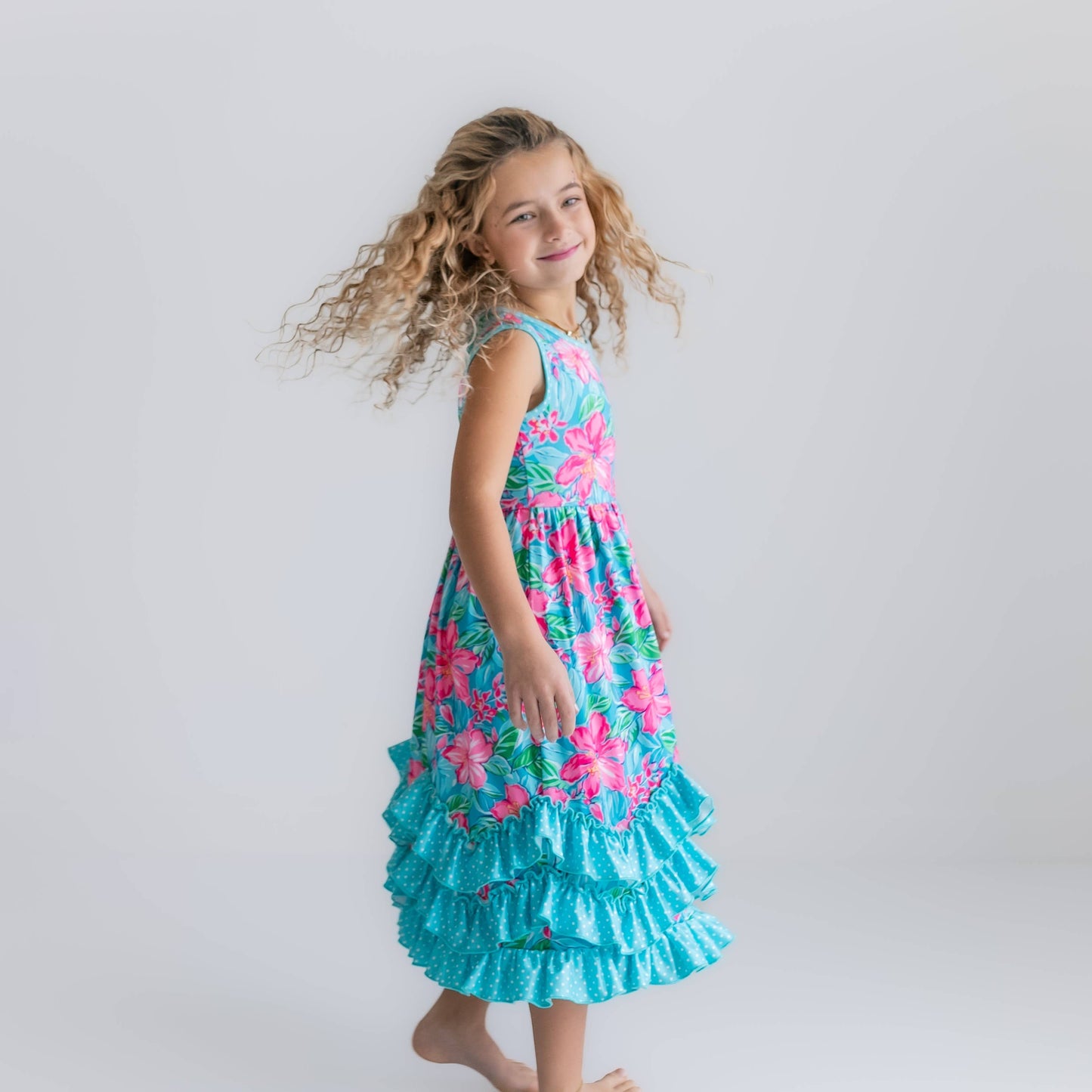 Kids Pink Blue Tropical 3 Ruffle Spring Summer Easter Dress