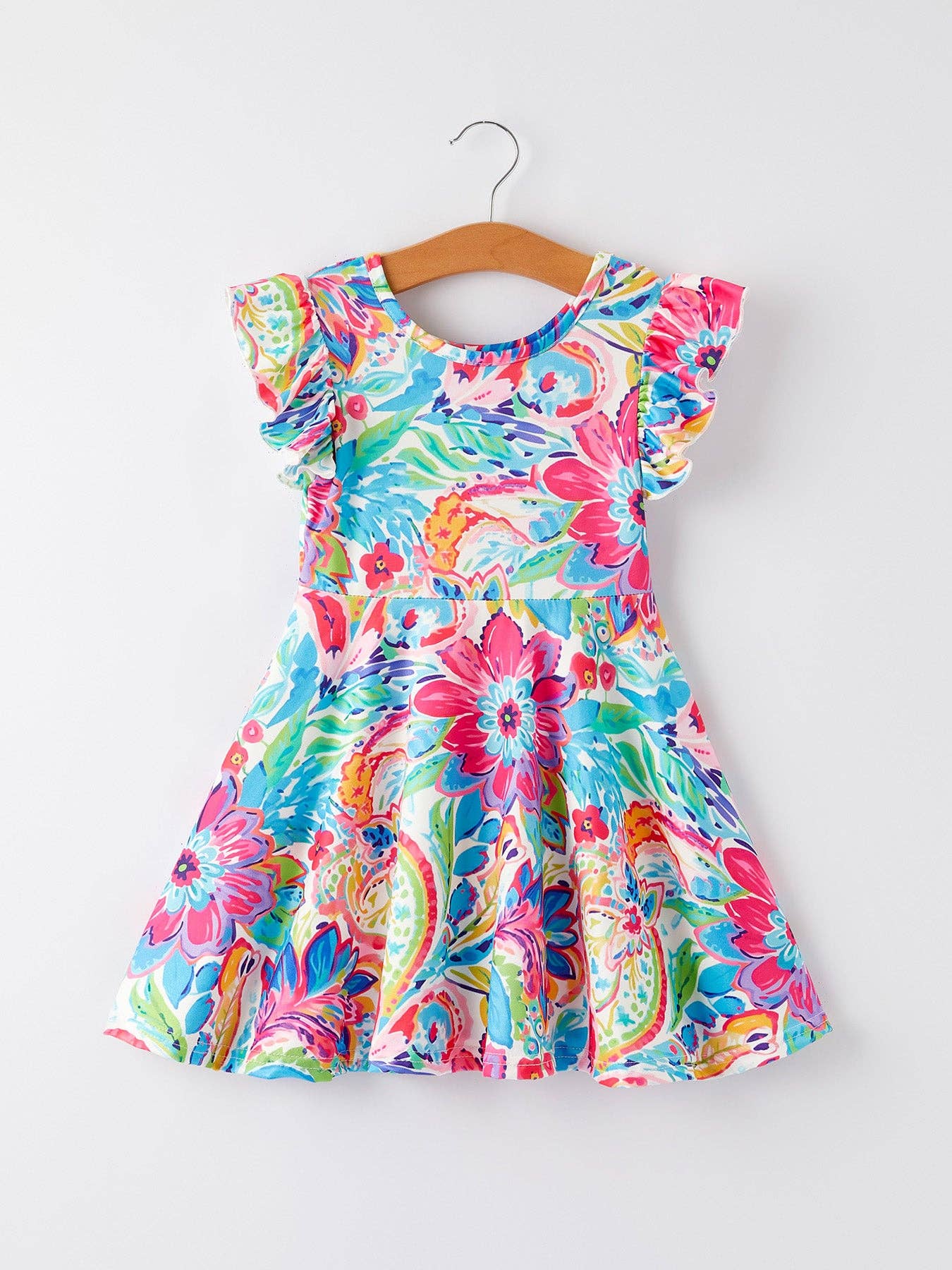 Colorful Floral Print Ruffled Sleeves Girls Dress