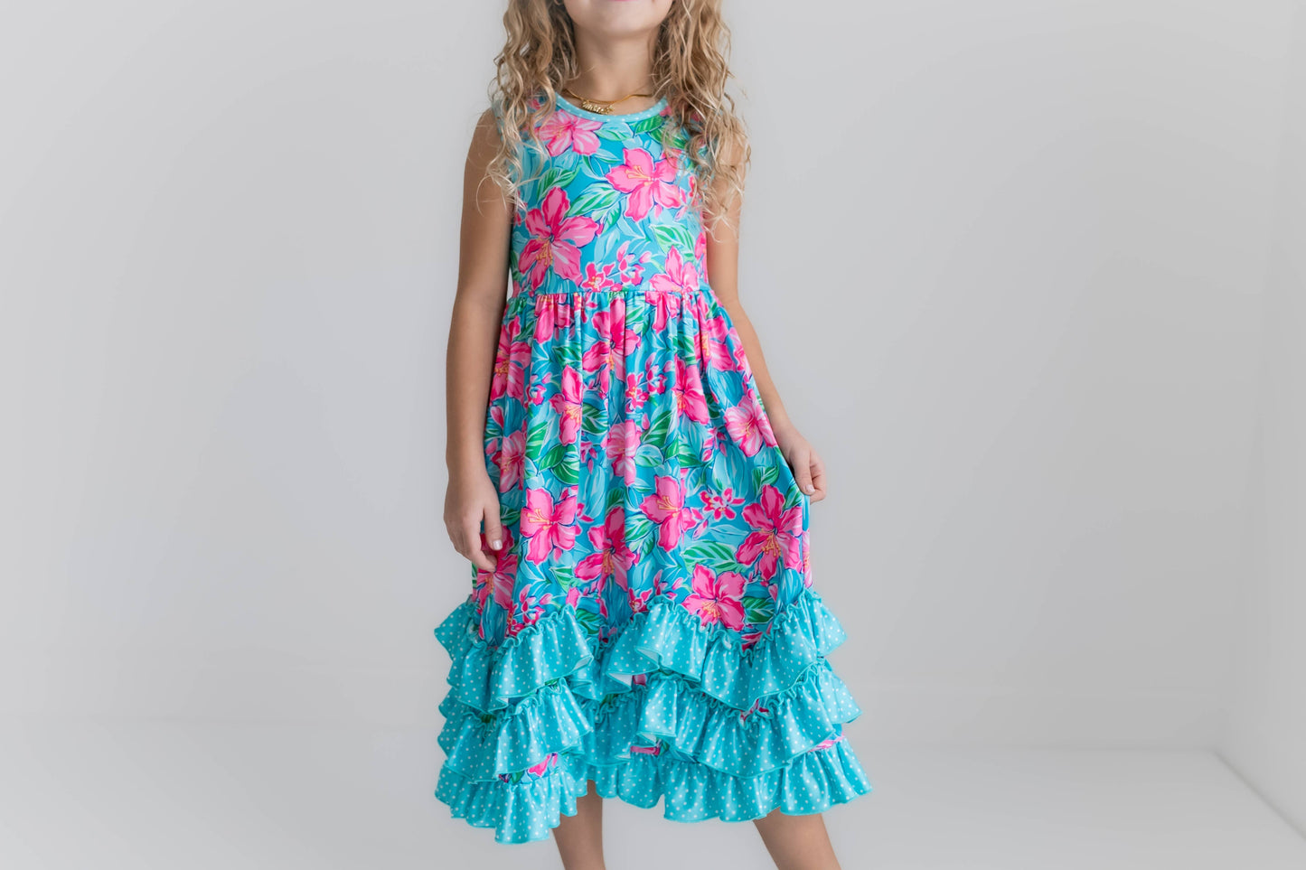Kids Pink Blue Tropical 3 Ruffle Spring Summer Easter Dress