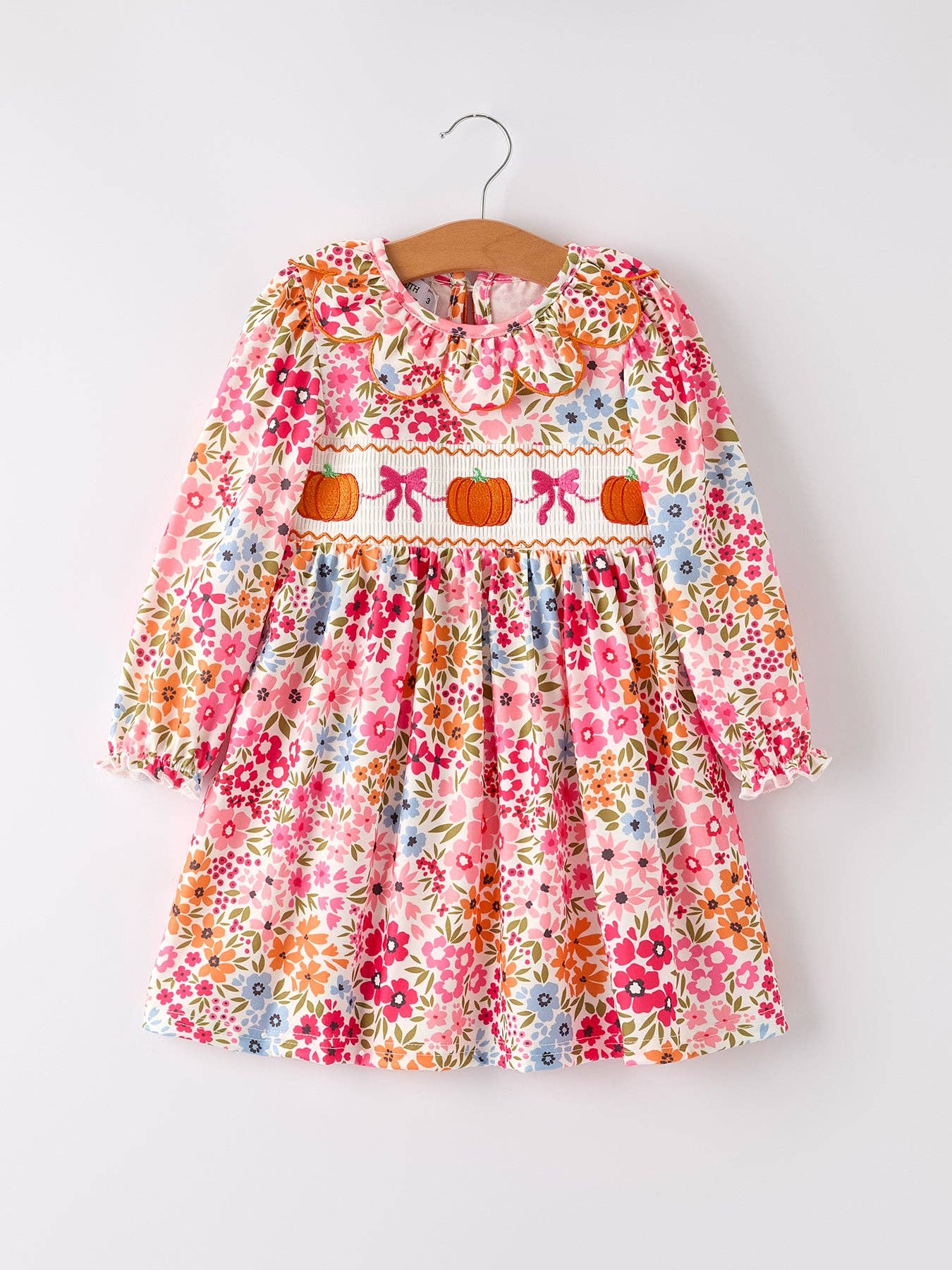 Pumpkin Bow Smocked Embroidered Floral Dress
