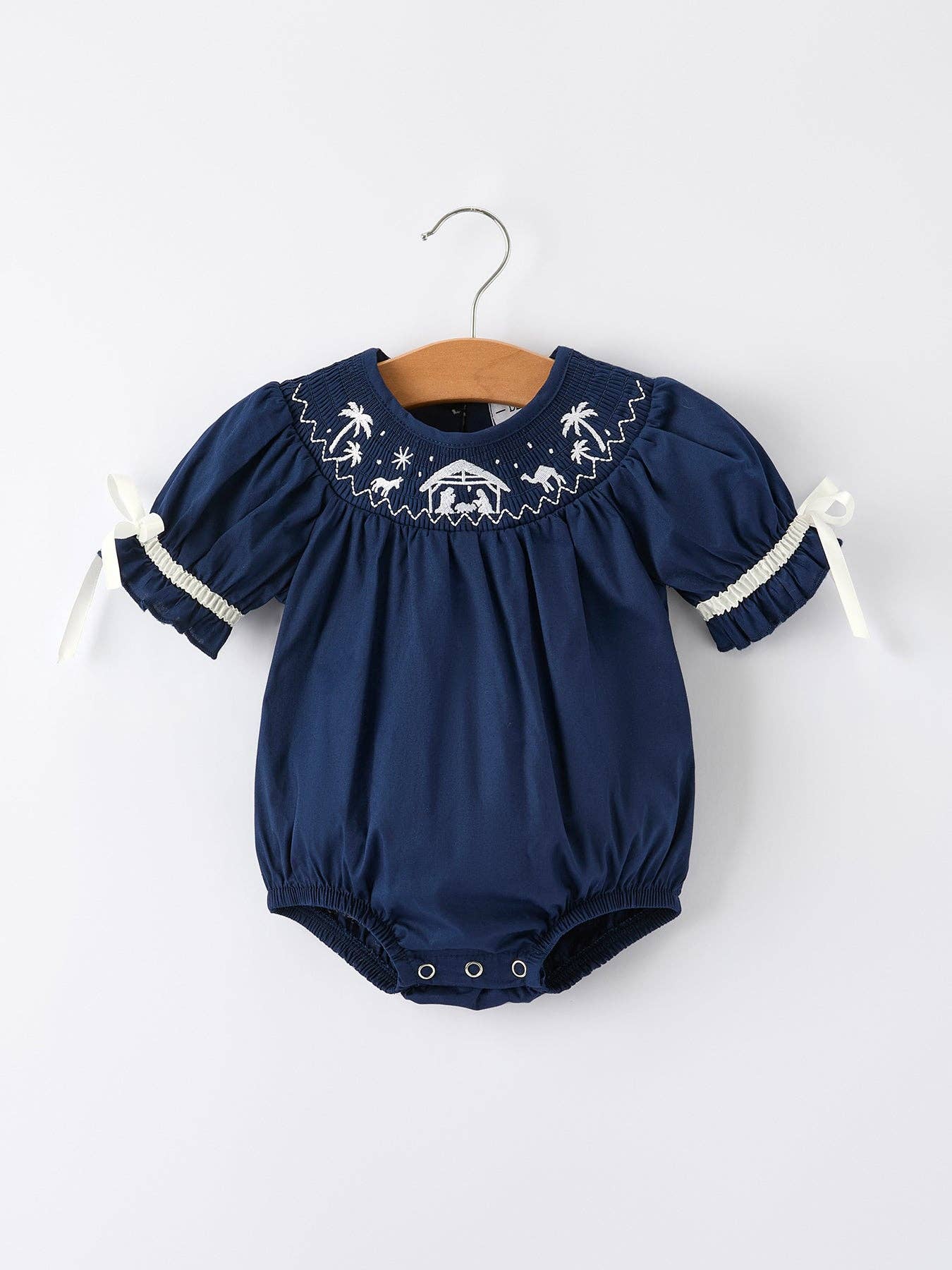 Navy Blue Nativity Smocked Embroidered Baby Girls Christmas Romper