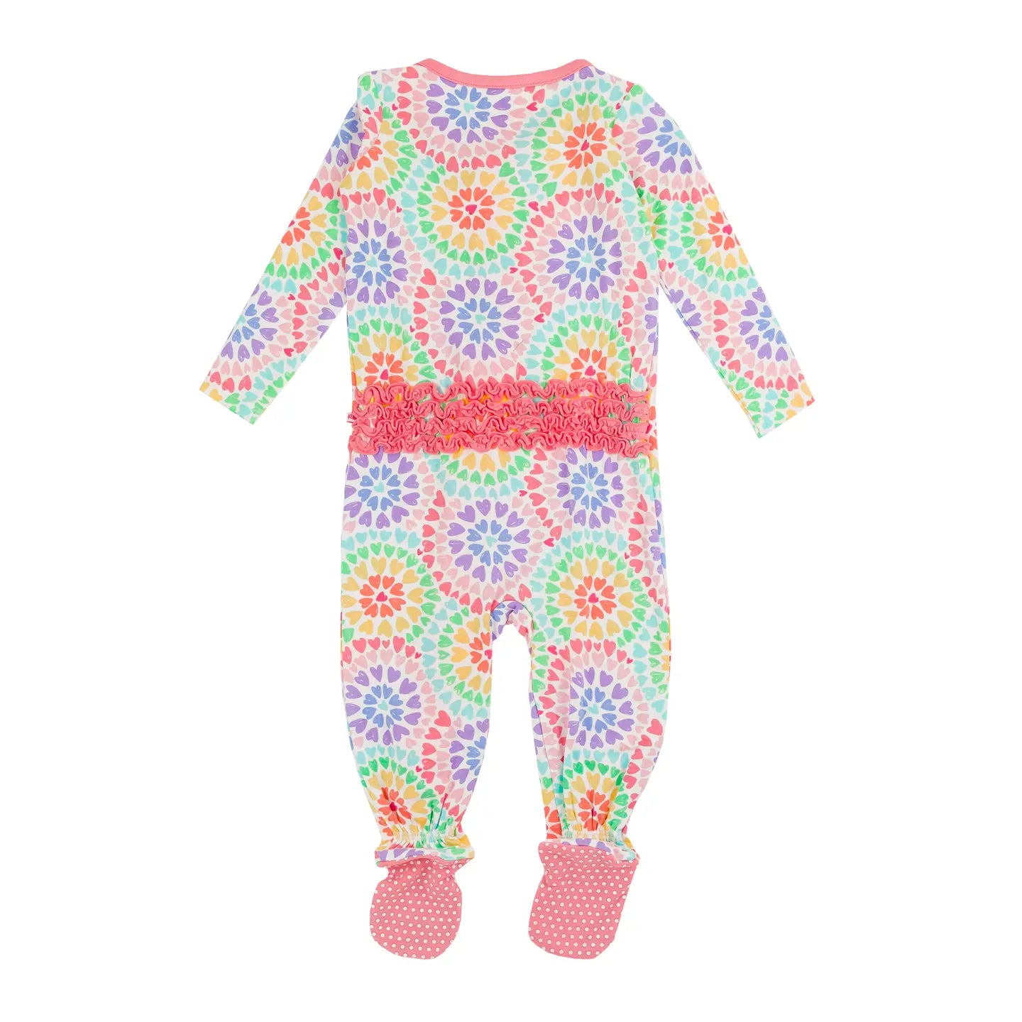Baby Girls Rainbow Kaleidoscope Hearts Bamboo Viscose Footed Ruffle One Piece Pajama