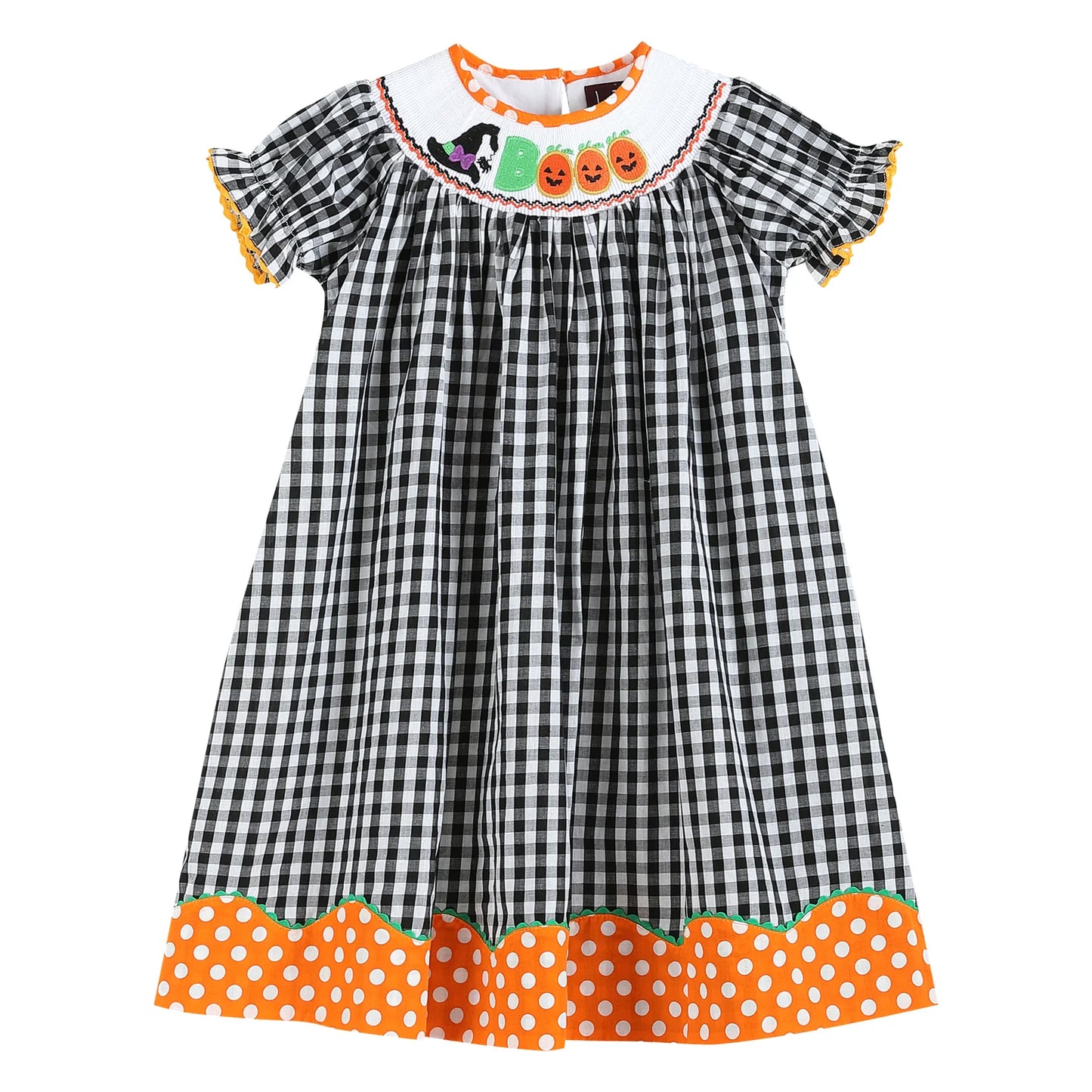Black and Orange Gingham "Boo" Smocked Bishop Dress