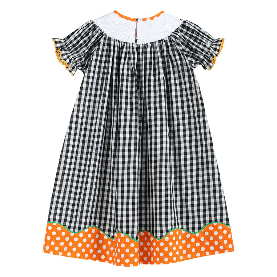 Black and Orange Gingham "Boo" Smocked Bishop Dress