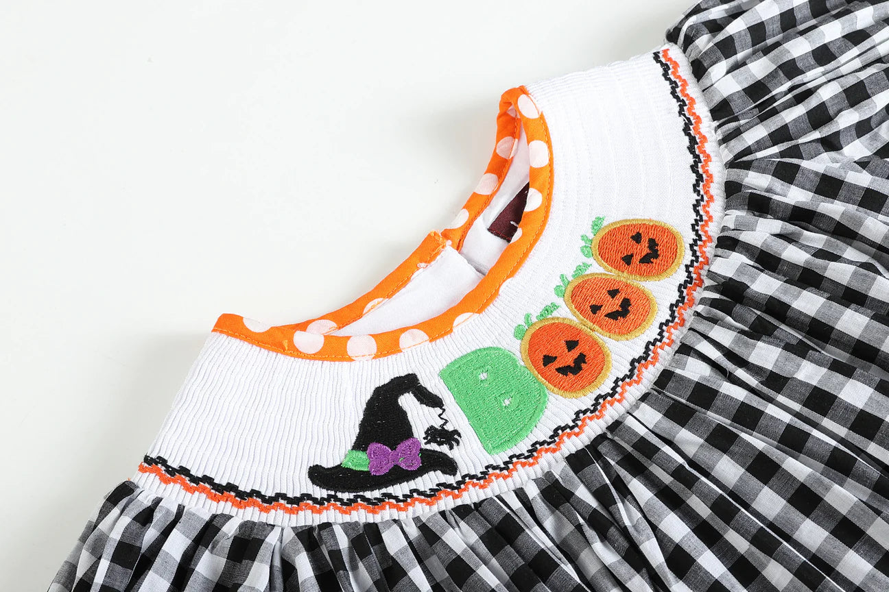 Black and Orange Gingham "Boo" Smocked Bishop Dress
