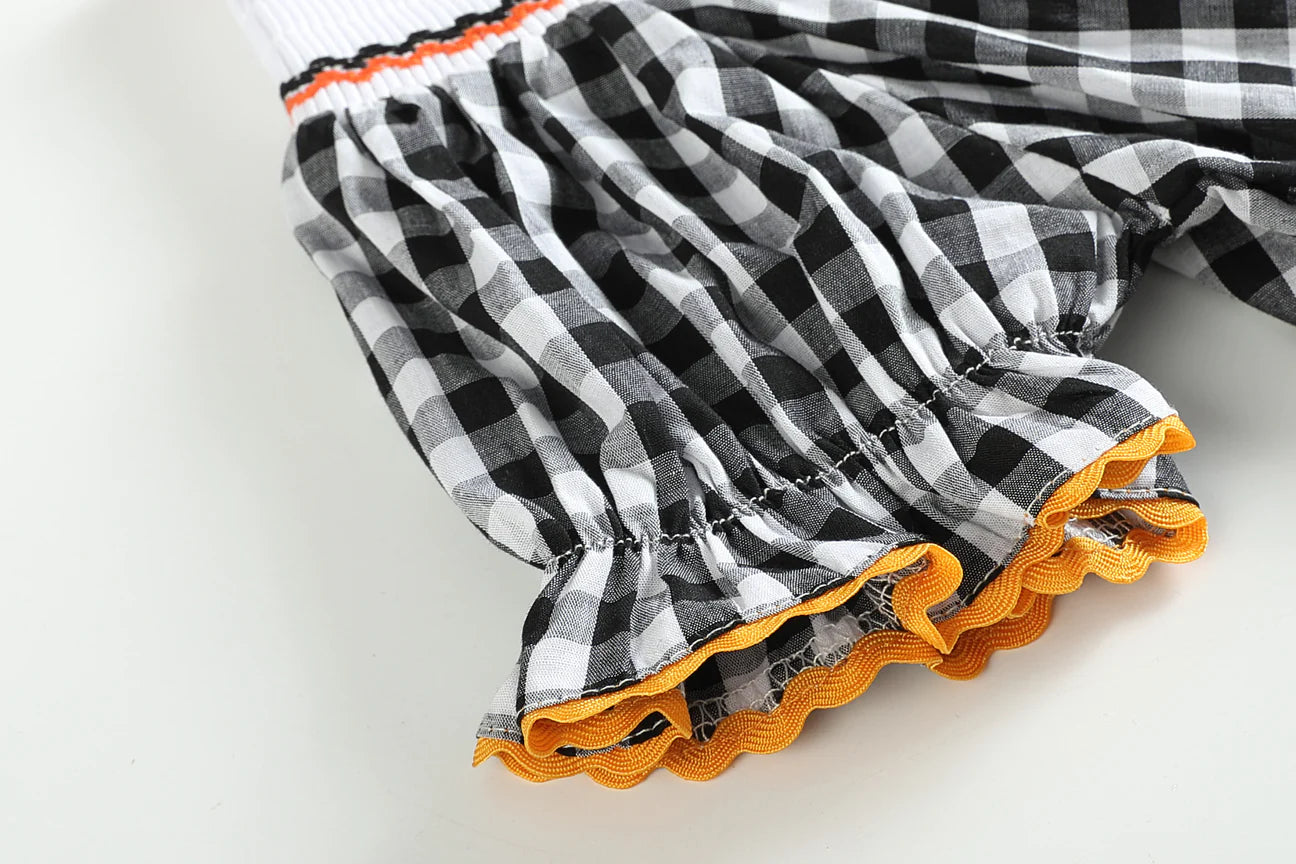 Black and Orange Gingham "Boo" Smocked Bishop Dress
