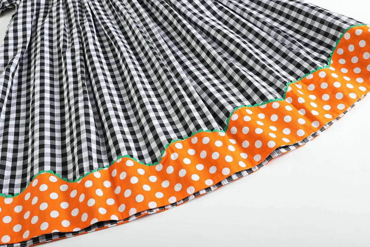 Black and Orange Gingham "Boo" Smocked Bishop Dress