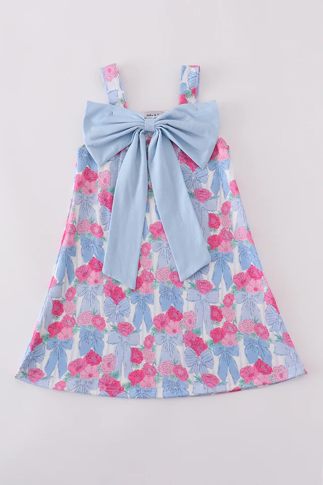 Blue Floral Bow Print Dress