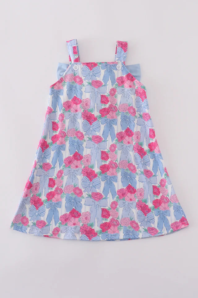 Blue Floral Bow Print Dress