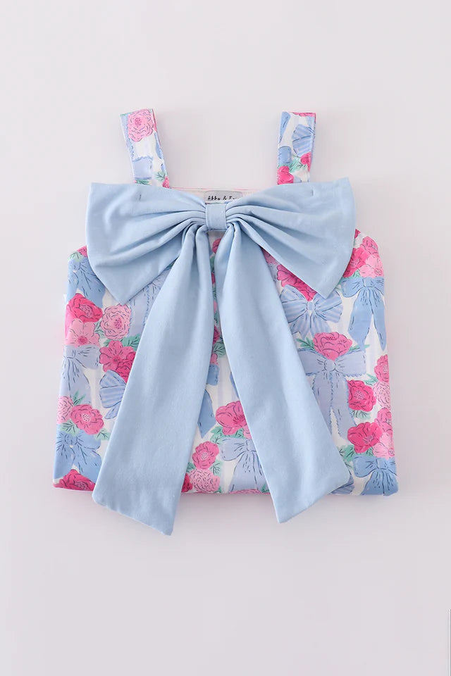 Blue Floral Bow Print Dress