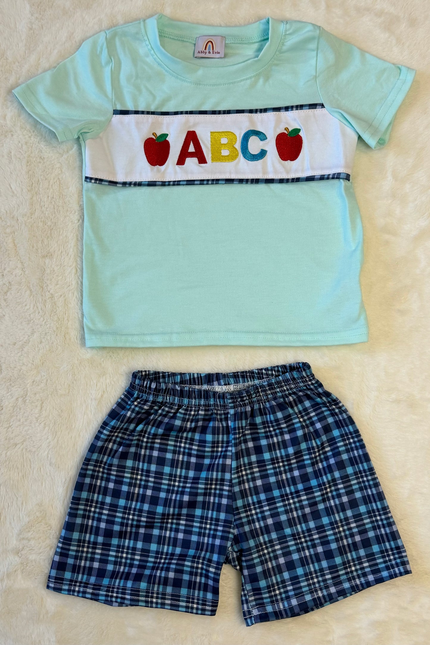 Blue Plaid ABC Embroidery Shorts Set