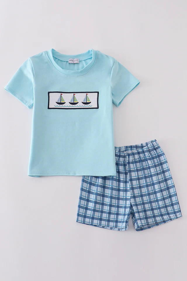 Blue Sailboats Embroidery Smocked Shorts Set