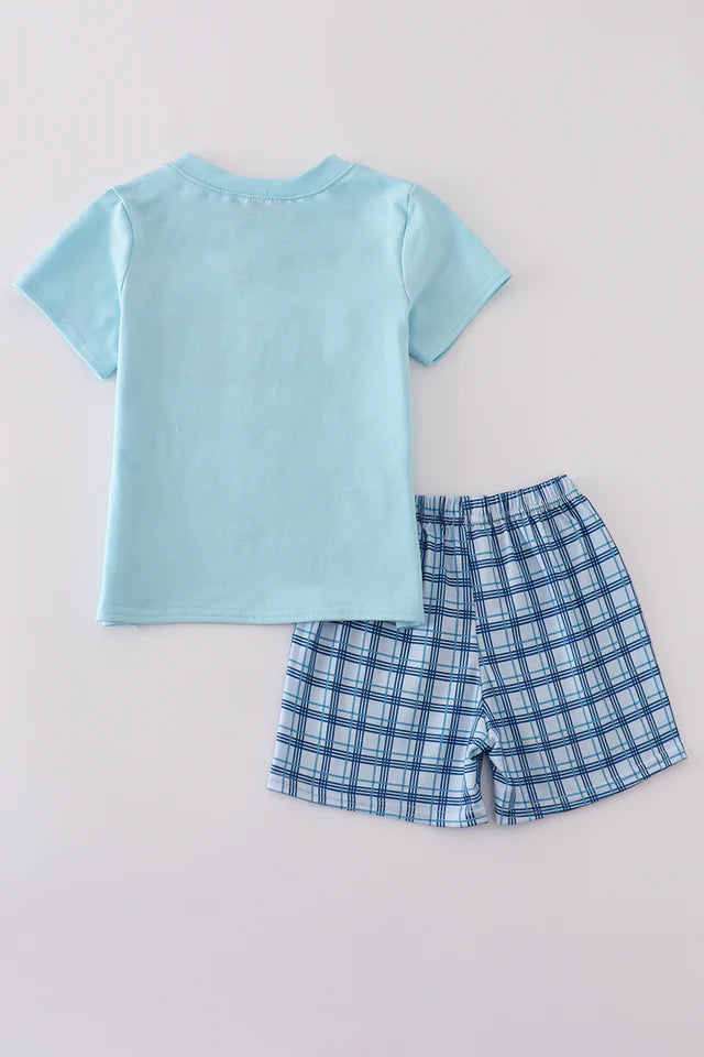 Blue Sailboats Embroidery Smocked Shorts Set