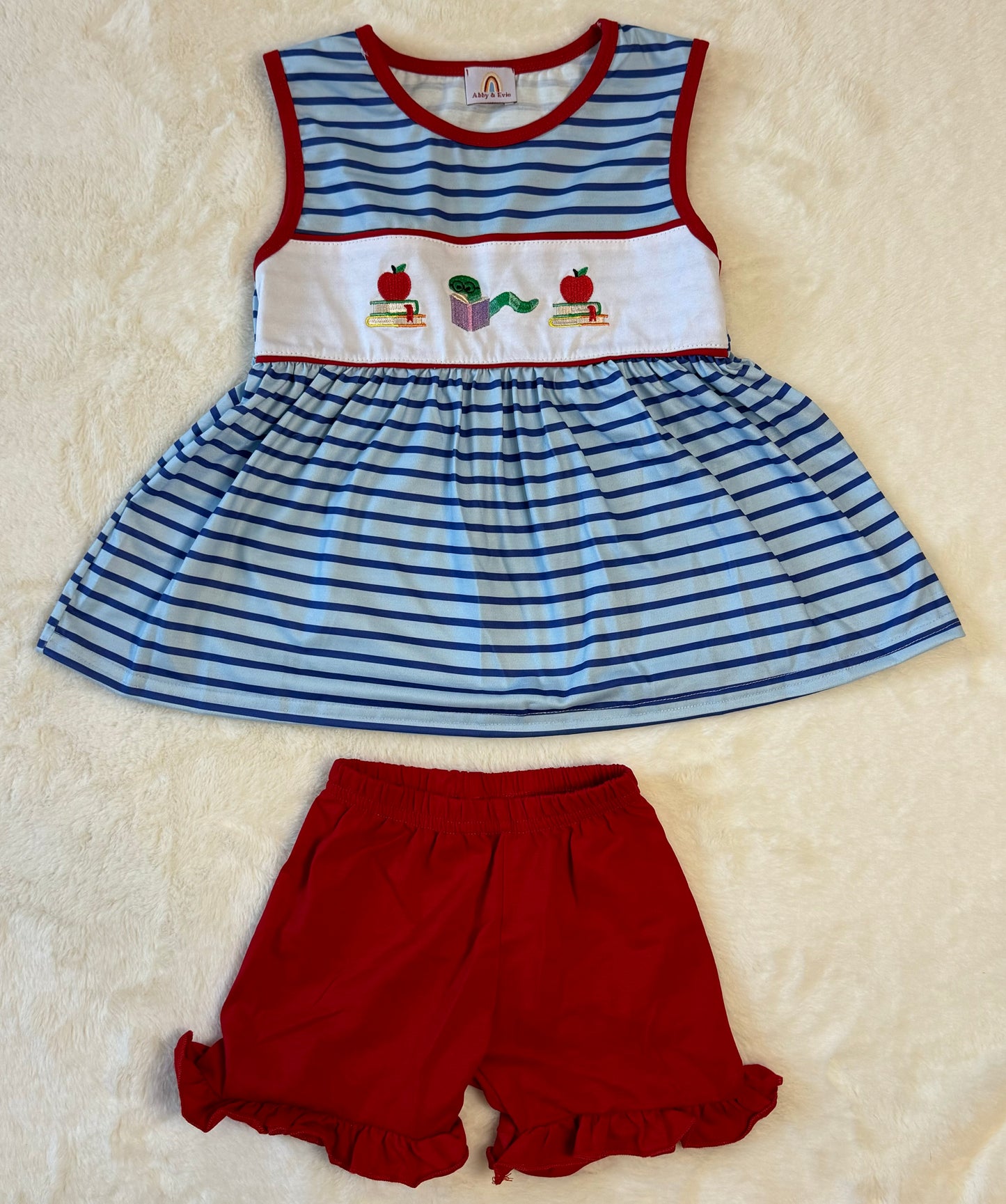 Blue Stripe Back To School Embroidery Girls Shorts Set