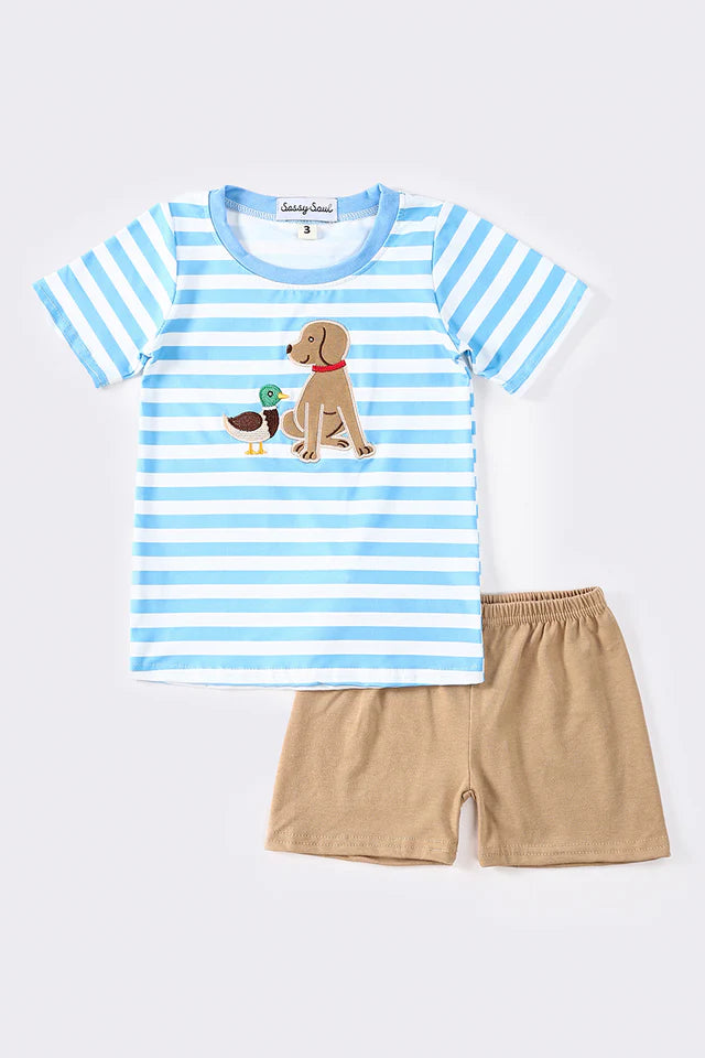 Blue Stripe Puppy Duck Applique Boy Set
