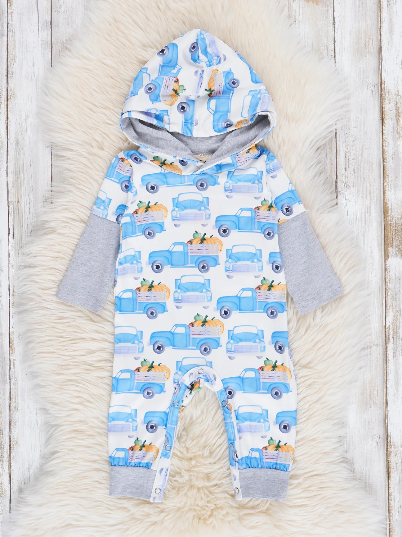 Blue and Grey Pumpkin Truck Hoodie Romper
