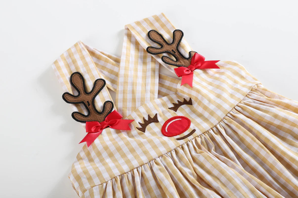 Fawn Brown Gingham Reindeer A-Line Dress