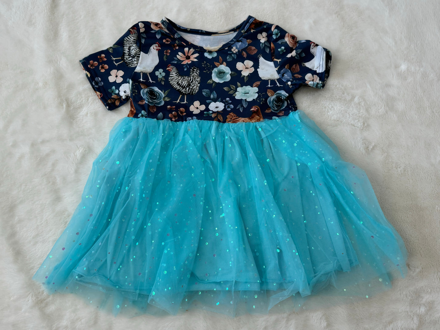 Floral Chicken Print Sequin Tulle Dress