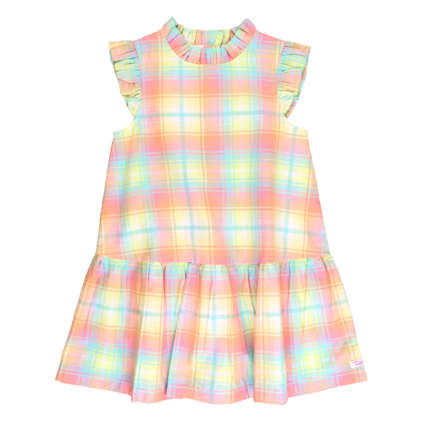 Girls New Rainbow Plaid Mock Neck Sleeveless Flutter Dress