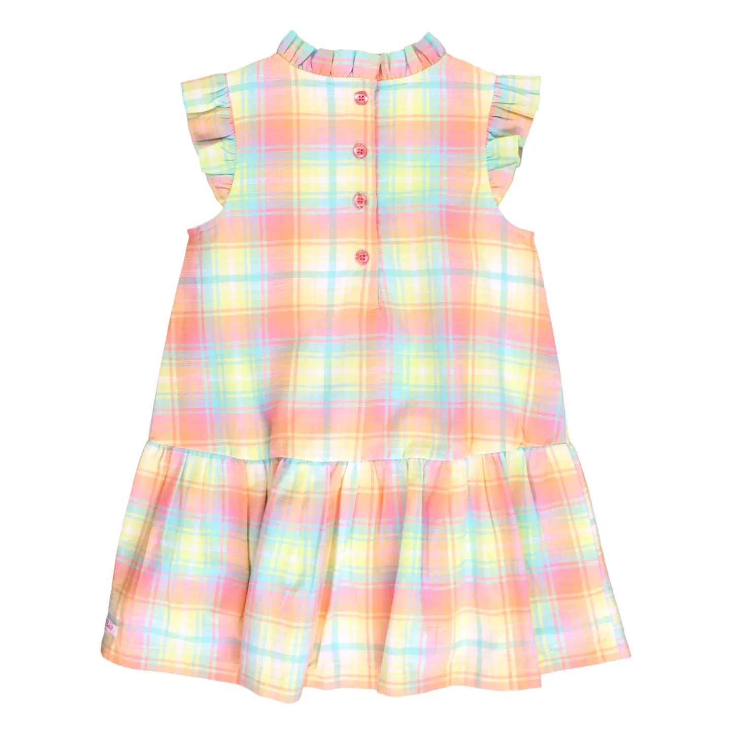 Girls New Rainbow Plaid Mock Neck Sleeveless Flutter Dress