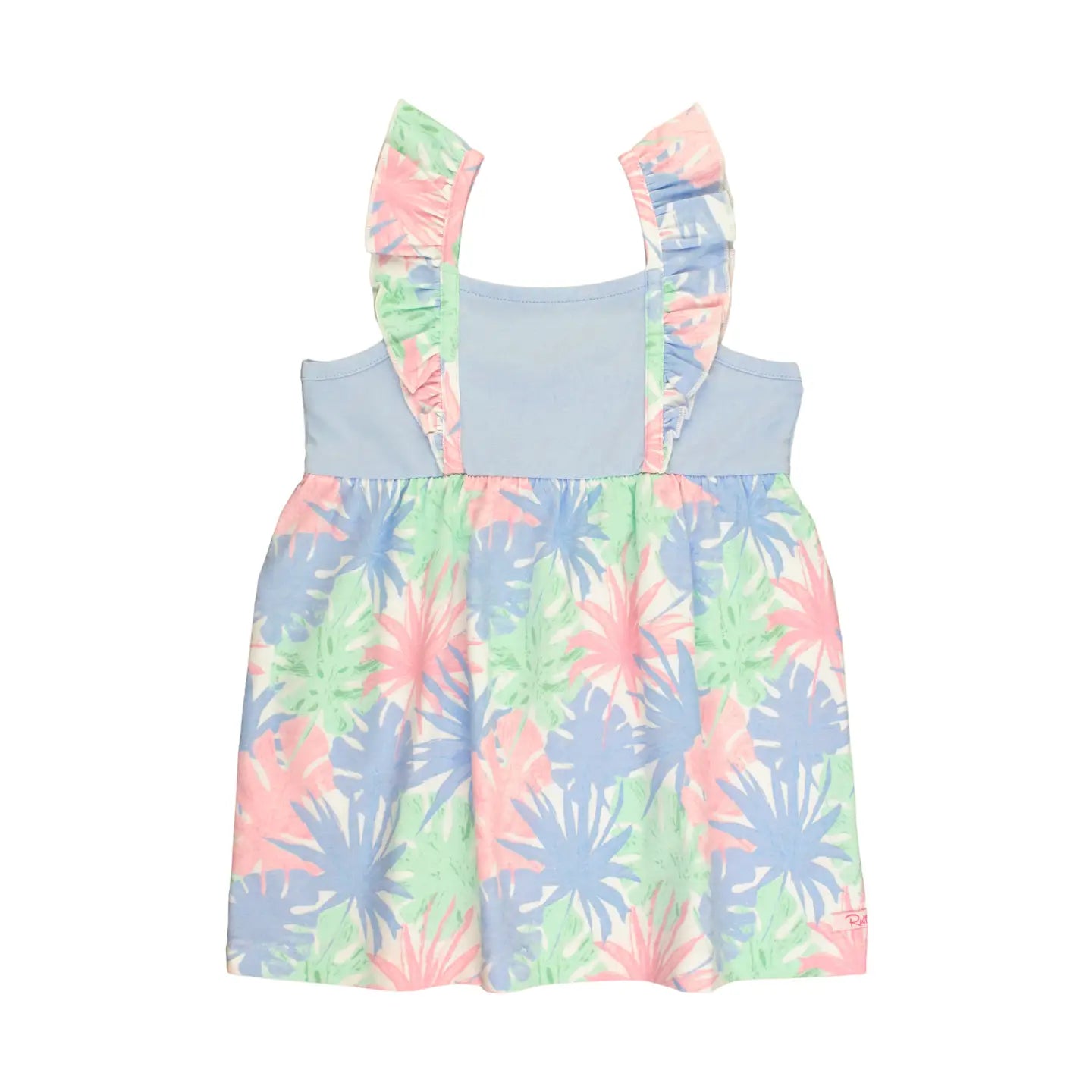 Girls Pastel Palms Ruffle Strap Mixed Print Dress