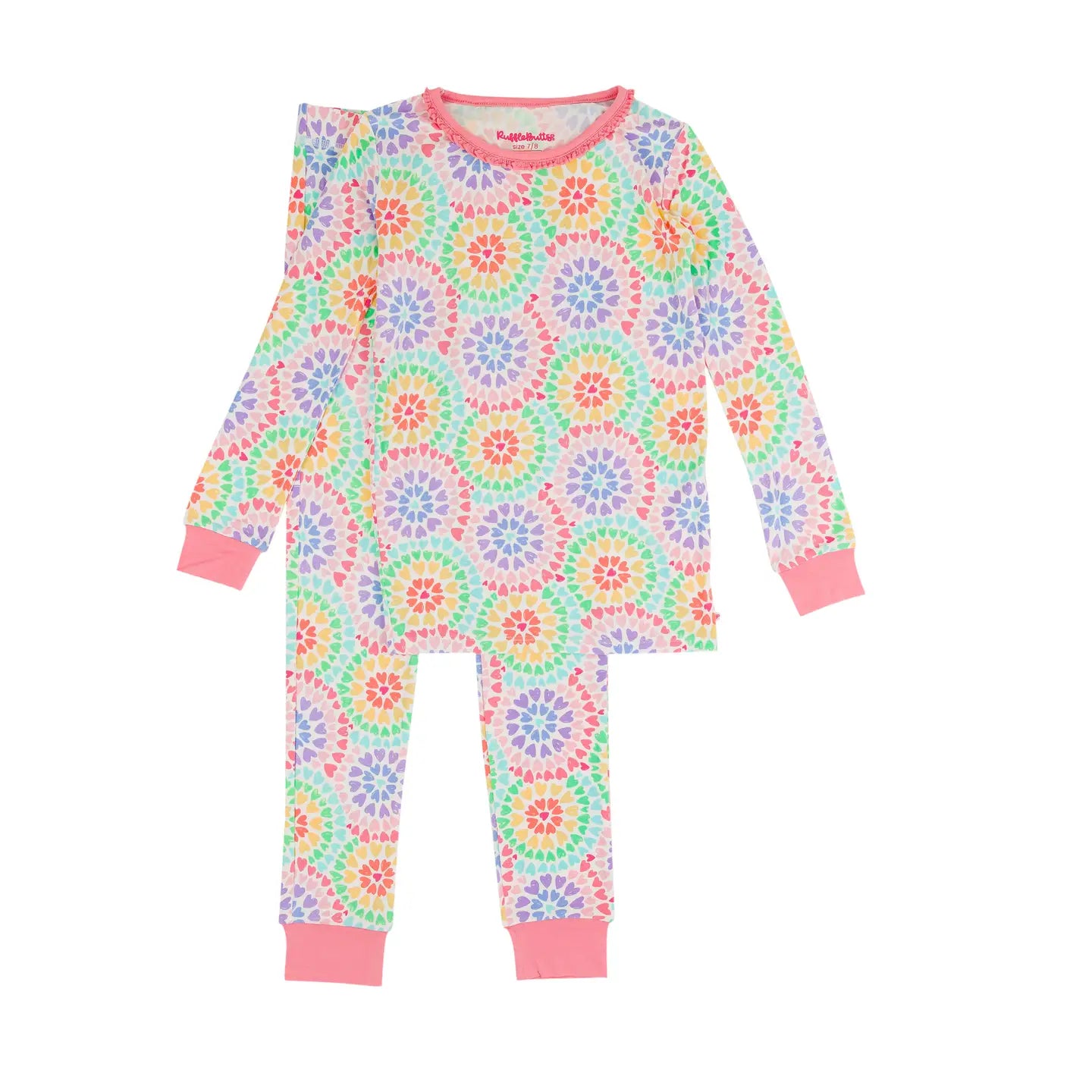 Girls Rainbow Kaleidoscope Hearts Bamboo Viscose Ruffle Long Sleeve Pajama Set