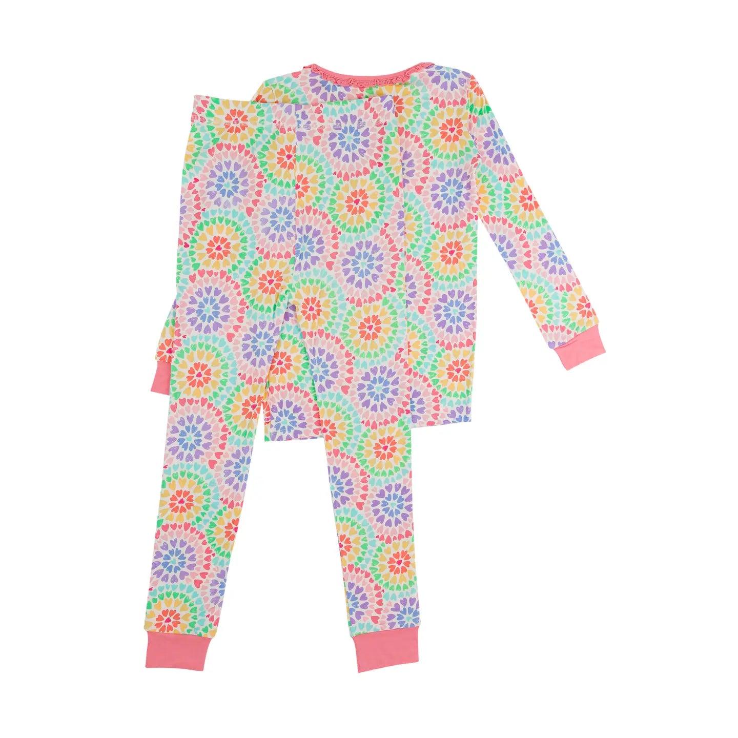 Girls Rainbow Kaleidoscope Hearts Bamboo Viscose Ruffle Long Sleeve Pajama Set