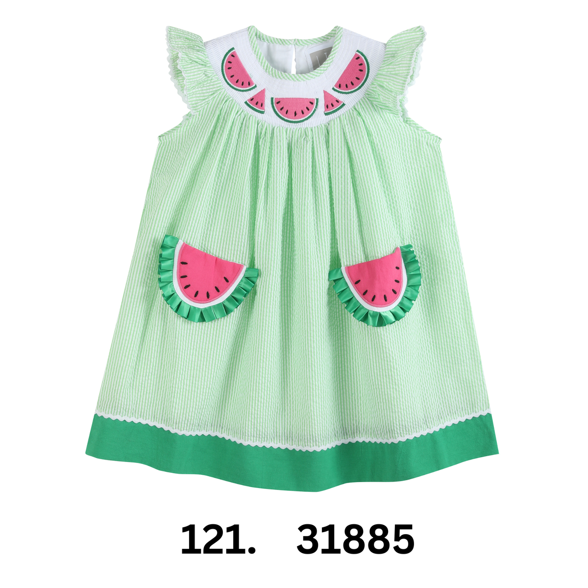 Green Seersucker Watermelon Smocked Bishop Dress