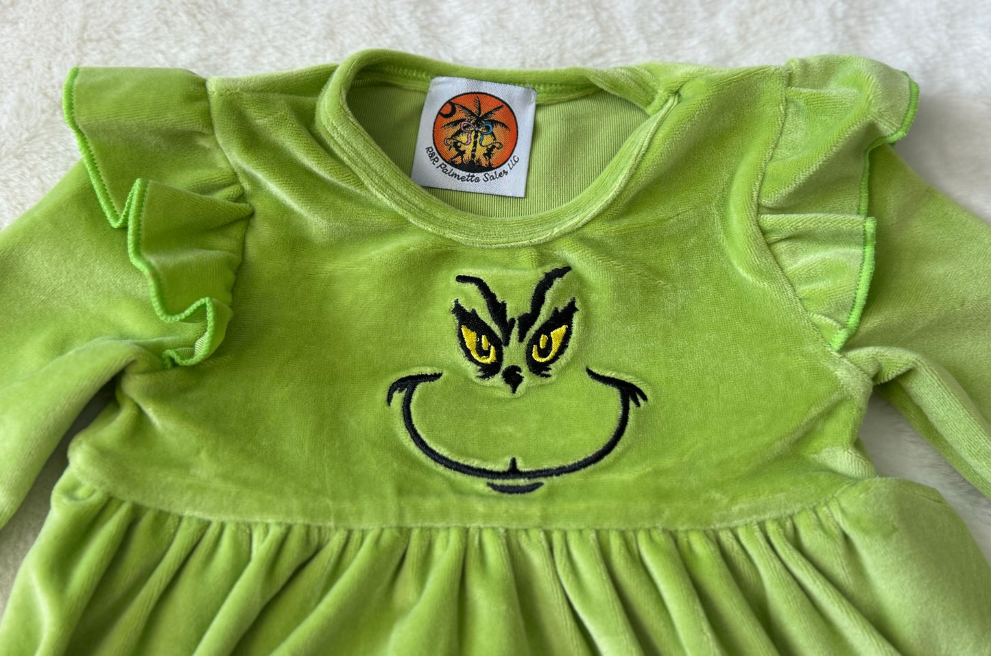 Green Velvet Christmas Character Embroidery Girl Romper