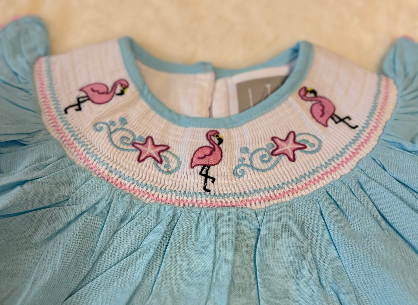 Light Blue Flamingo Smocked Bishop Dress
