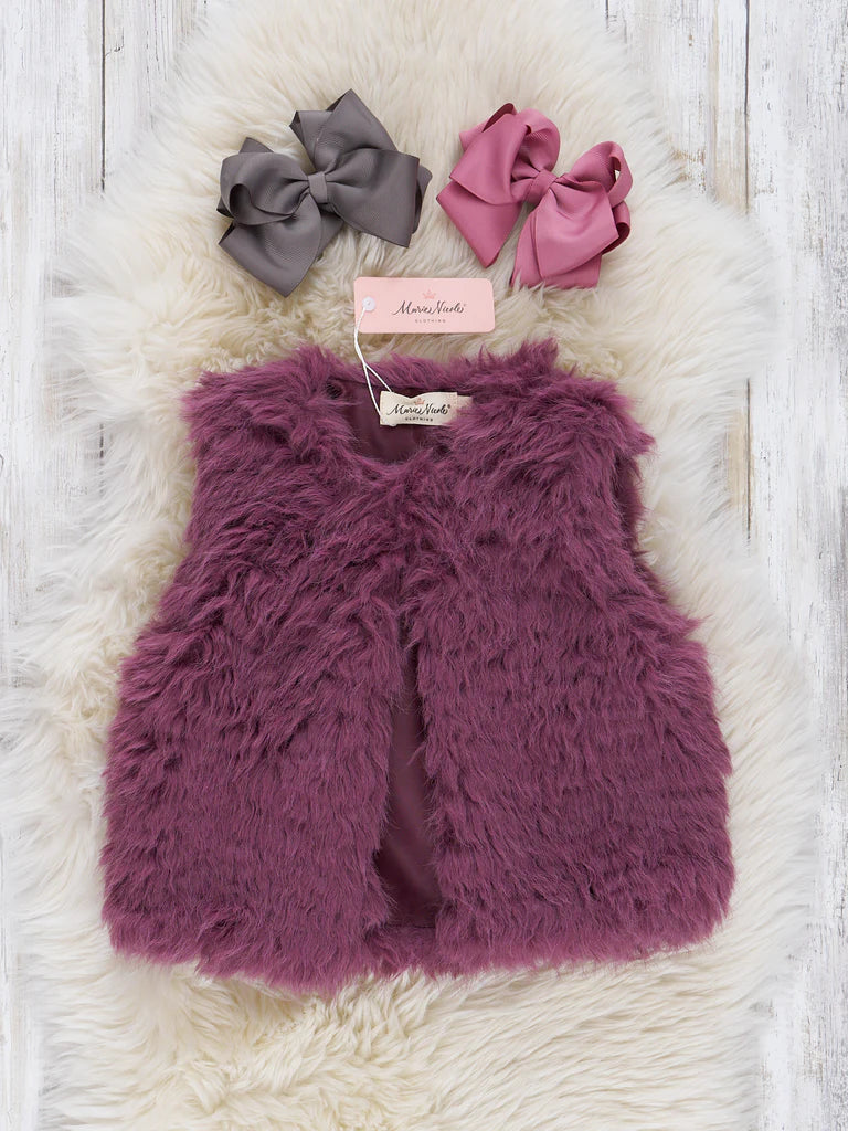 Mauve Dots and Wildflowers Outfit With Faux Fur Vest