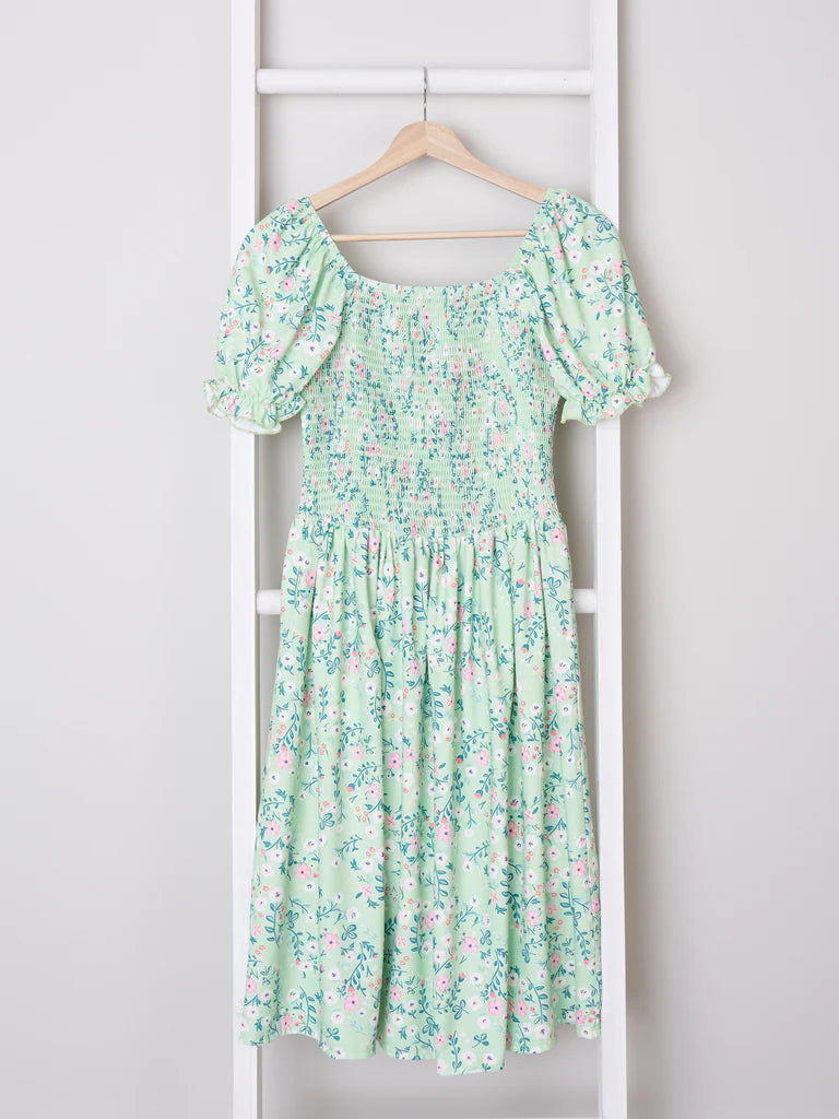 Mom & Me Mint Smocked Floral Puff Sleeve Dress - (Mom)