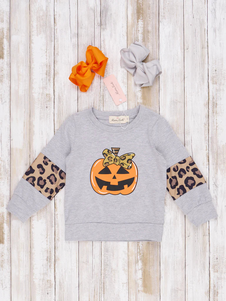Mom and Me Grey Leopard Pumpkin Crewneck - (Girls)