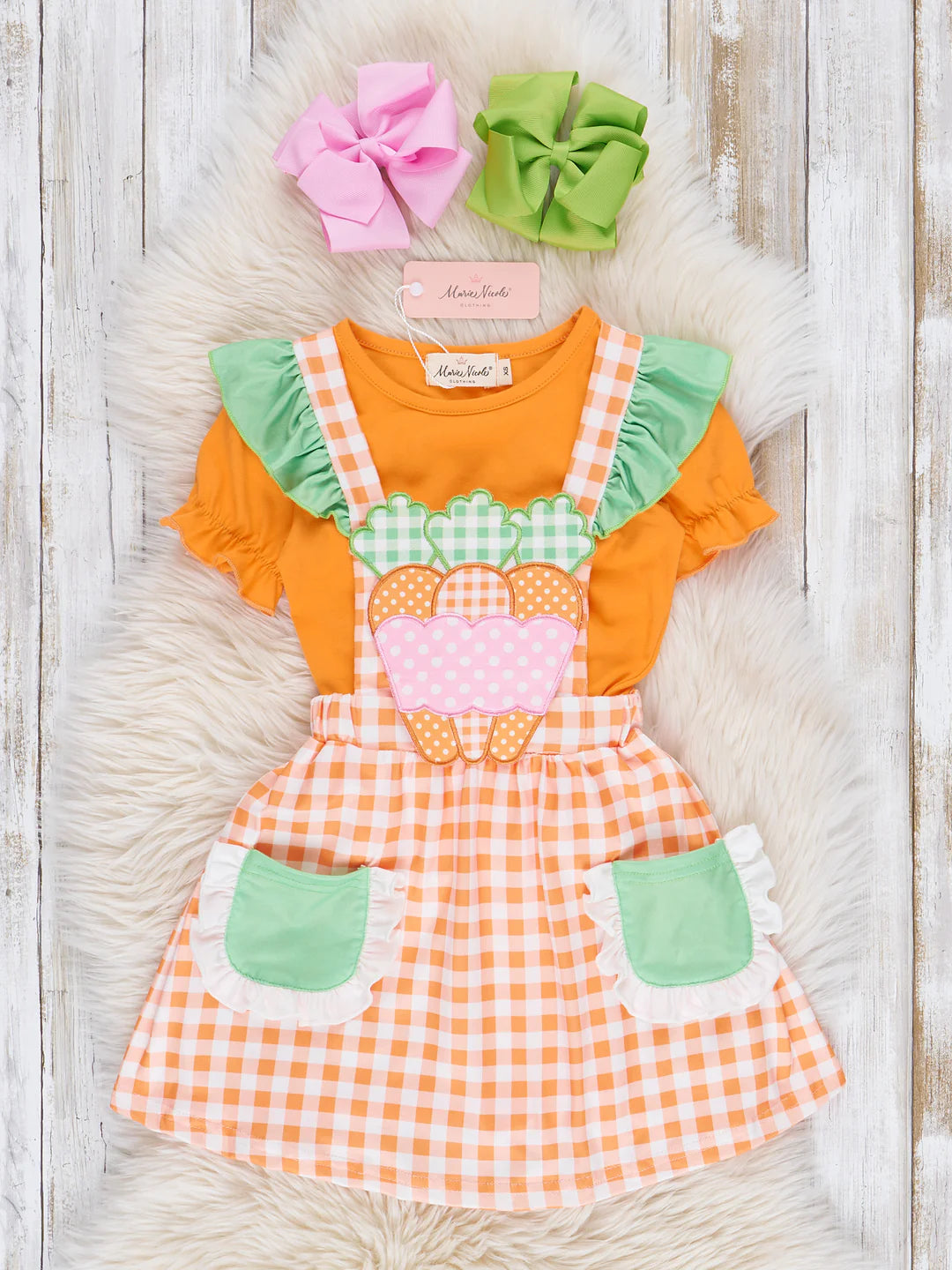 Orange Gingham Embroidered Carrot Overalls Dress Set