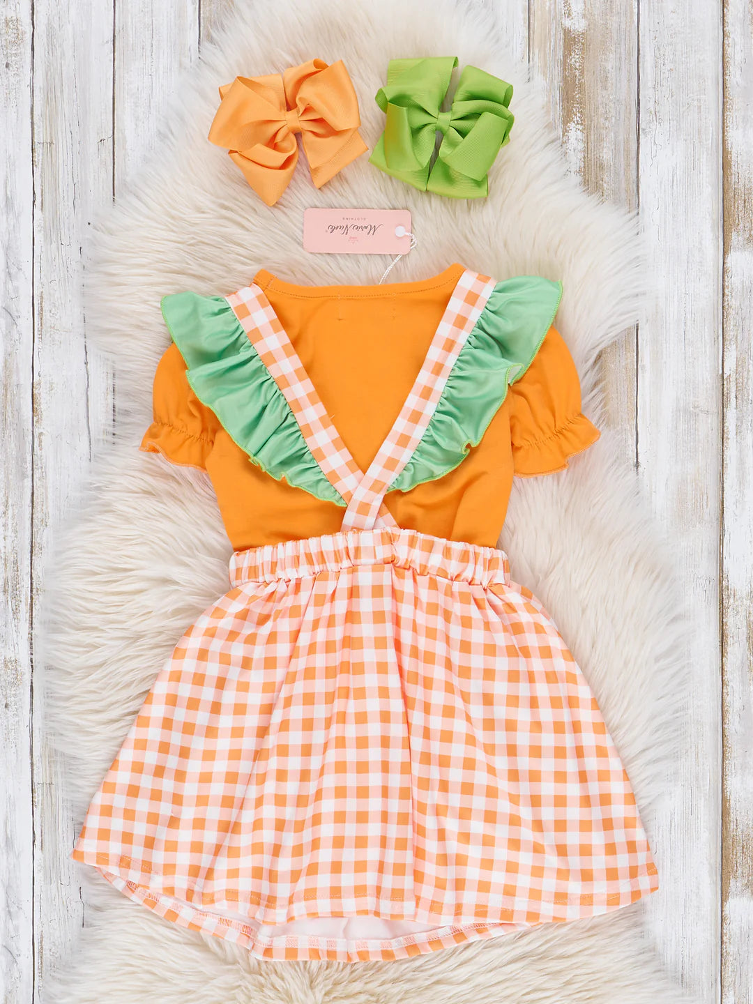 Orange Gingham Embroidered Carrot Overalls Dress Set
