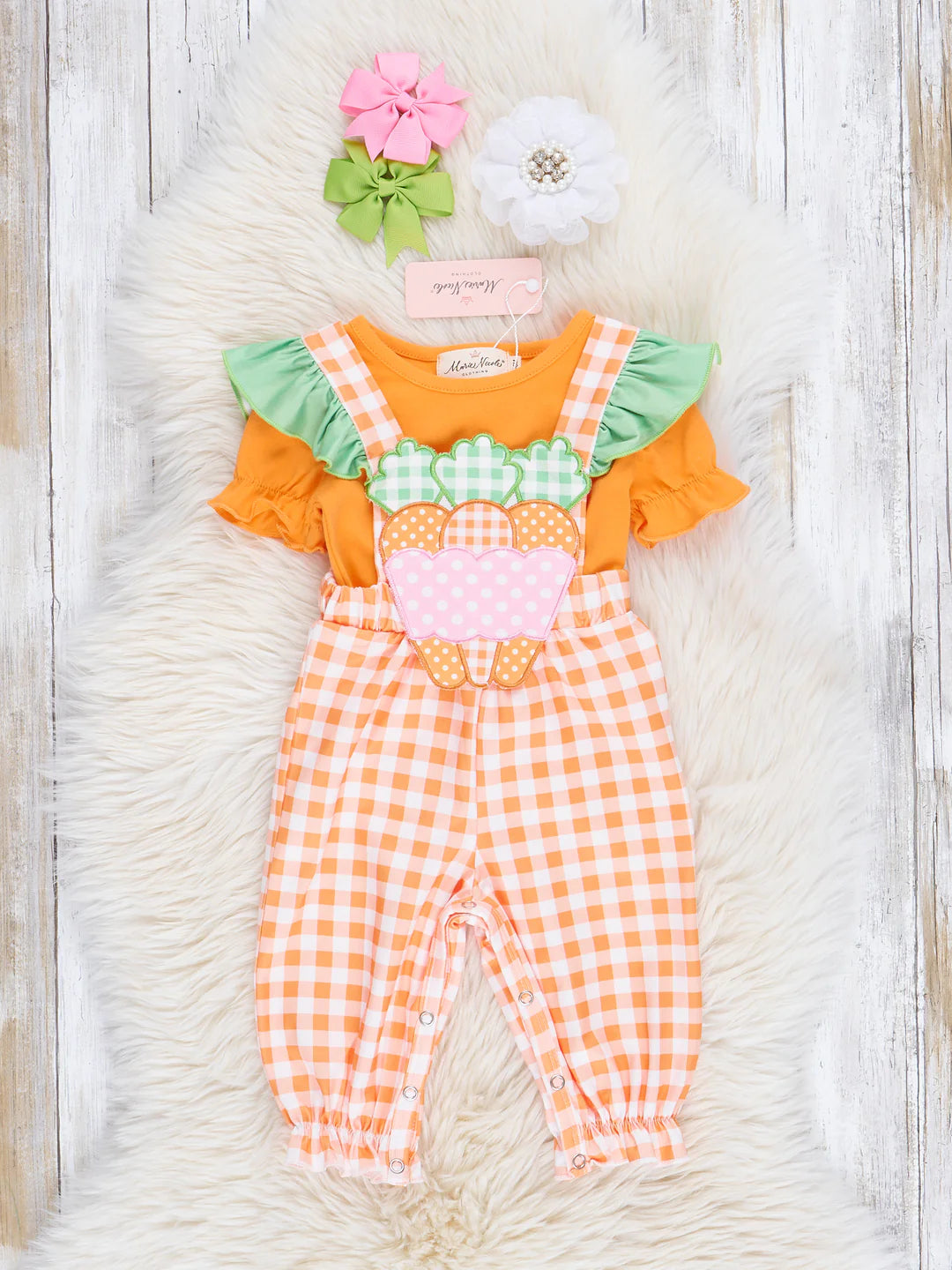 Orange Gingham Embroidered Carrot Overalls Set