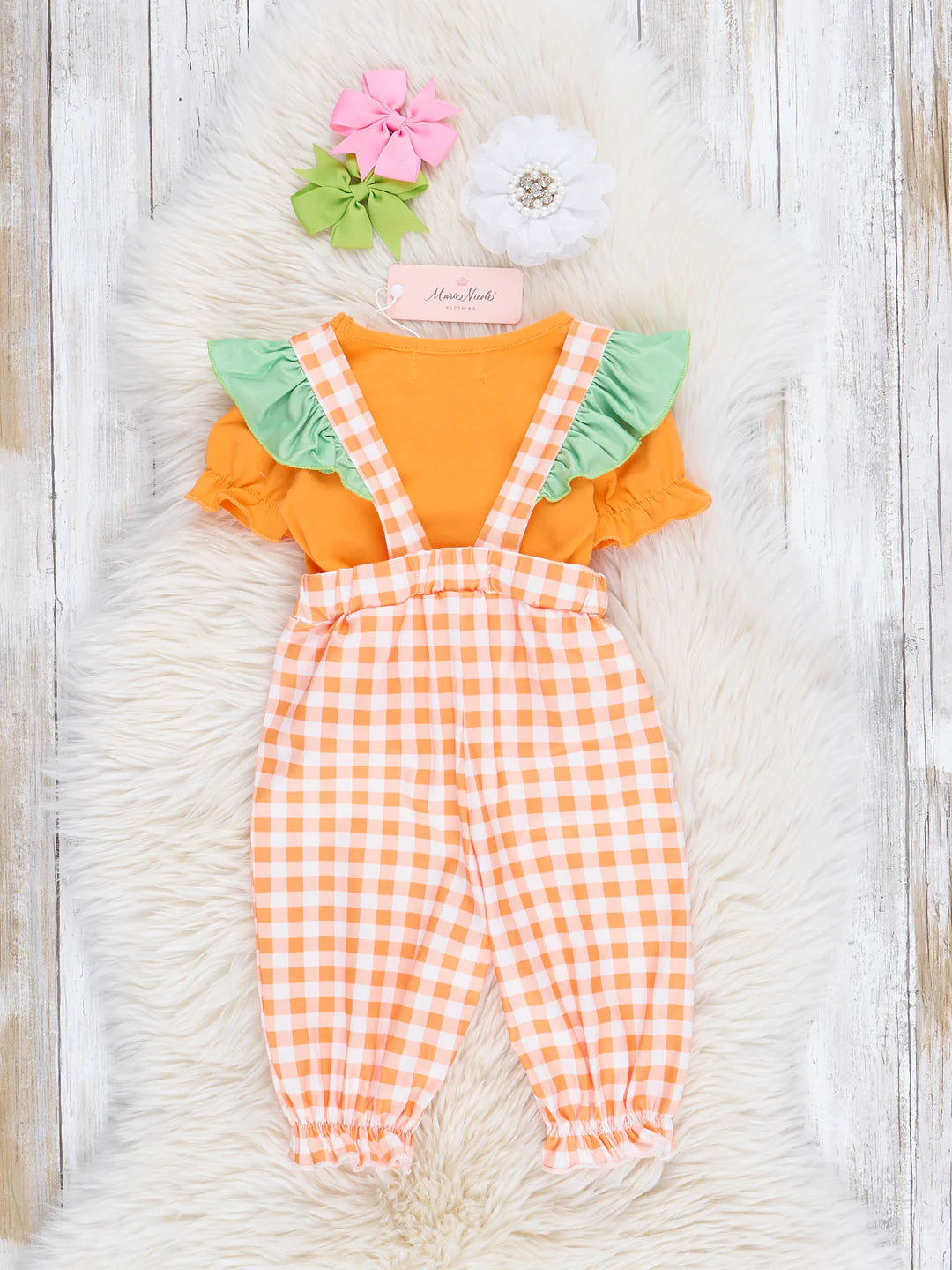 Orange Gingham Embroidered Carrot Overalls Set