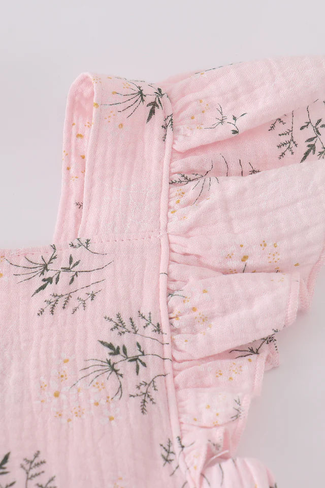 Pink Floral Print Muslin Girl Ruffle Dress