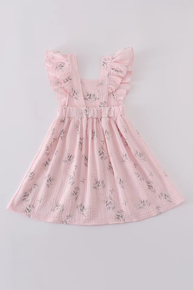 Pink Floral Print Muslin Girl Ruffle Dress